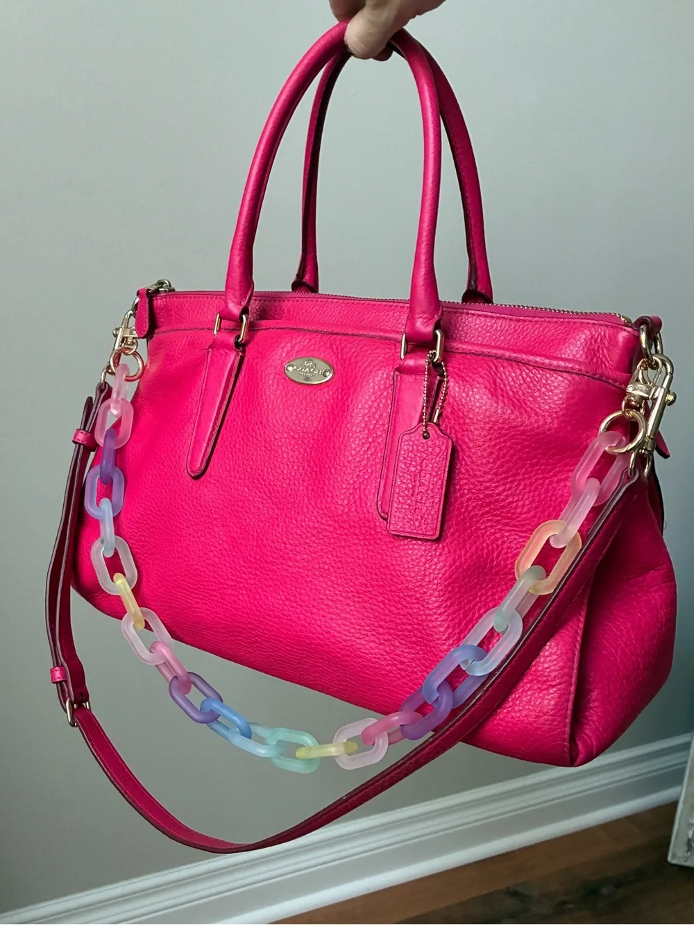 Coach Pink Pebbled Leather Satchel with Rainbow Chain EUC